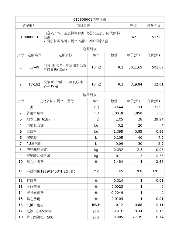 010808001  门套</br>1.基层材料种类:大芯板基层，防火涂料三遍
