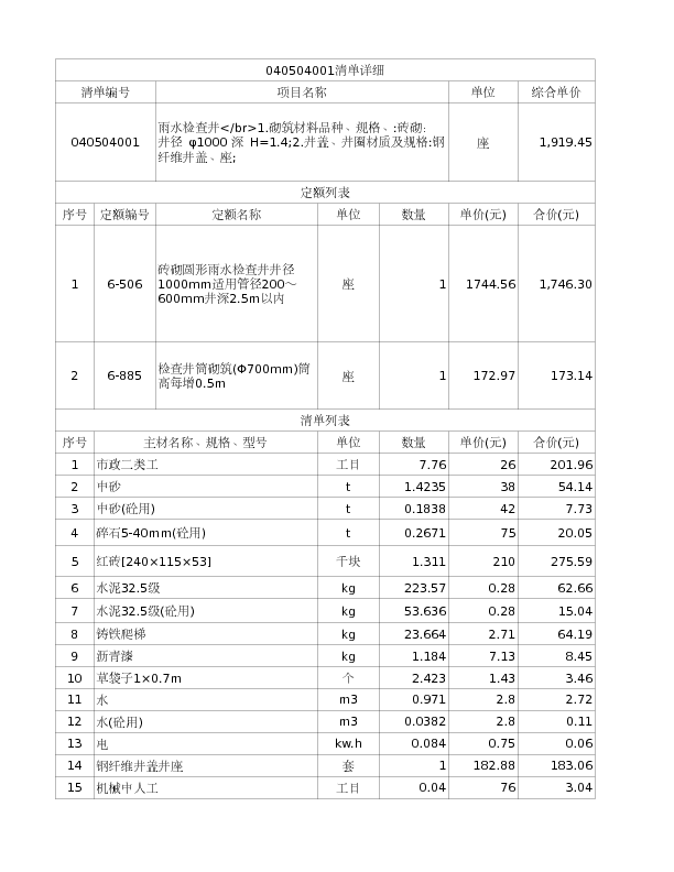 040504001  雨水检查井</br>1.砌筑材料品种、规格、:砖砌： 井径 φ1000 深 H=1.4;2.井盖、井圈材质及规格:钢纤维井盖、座;