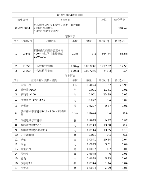 030208004  电缆桥架</br>1.型号、规格:100*100