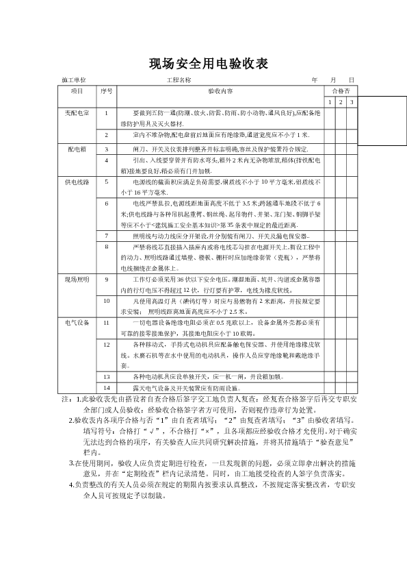 现场安全用电验收表