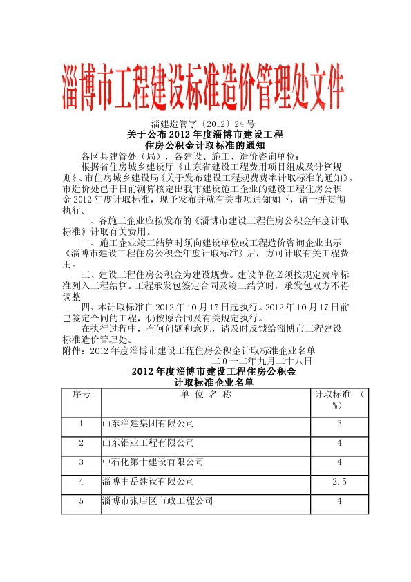 淄建造管字〔2012〕24号 关于2012年淄博市建设工程住房公积金计取标准的通知