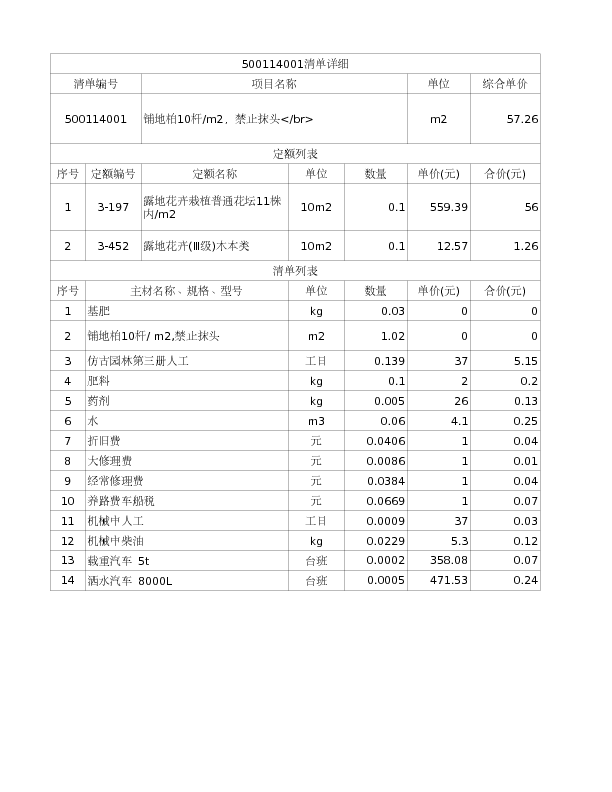 500114001  铺地柏10杆/m2，禁止抹头