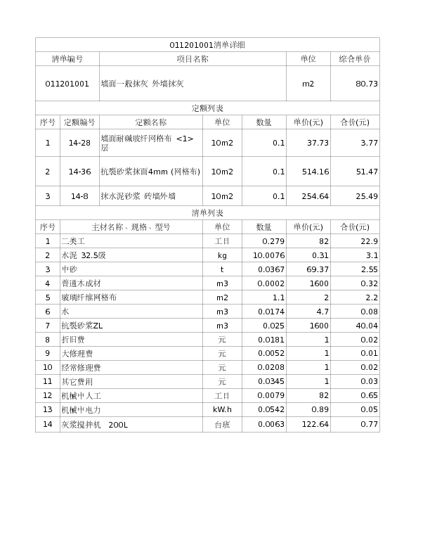 011201001  墙面一般抹灰 外墙抹灰