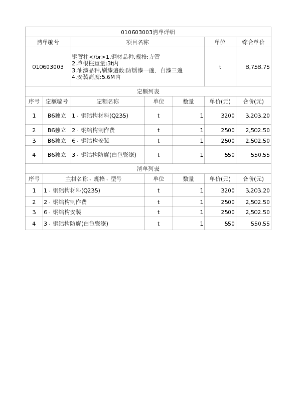 010603003  钢管柱</br>1.钢材品种,规格:方管
